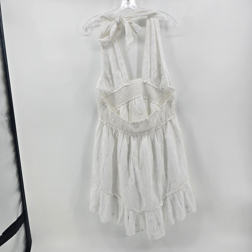 Aerie White Eyelet Halter Mini Dress Smocked Waist Ruffle Hem New XL - Picture 3 of 10